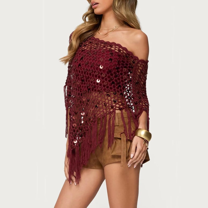 Argeousgor Women Sheer Poncho Top Lightweight Knit Crochet Shrug Bolero Mesh Batwing Sleeve Sweater Cover Up Beachwear - Image 3